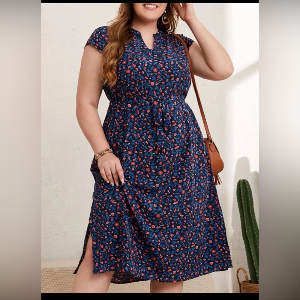 SOLD EMERY ROSE Plus Ditsy Floral Notched Neck Split Hem Belted Dress